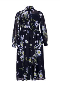 Schwarzes Blumenkleid aus leichtem Stoff, mit langen Ärmeln, einer durchgehenden Knopfleiste und einem taillierten Gürtel sowie einem fließenden Rock.