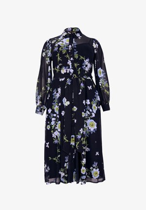 Zwarte bloemenjurk van lichtgewicht stof, met lange mouwen, een knoopsluiting aan de voorkant en een ceintuur in de taille met een vloeiende rok.