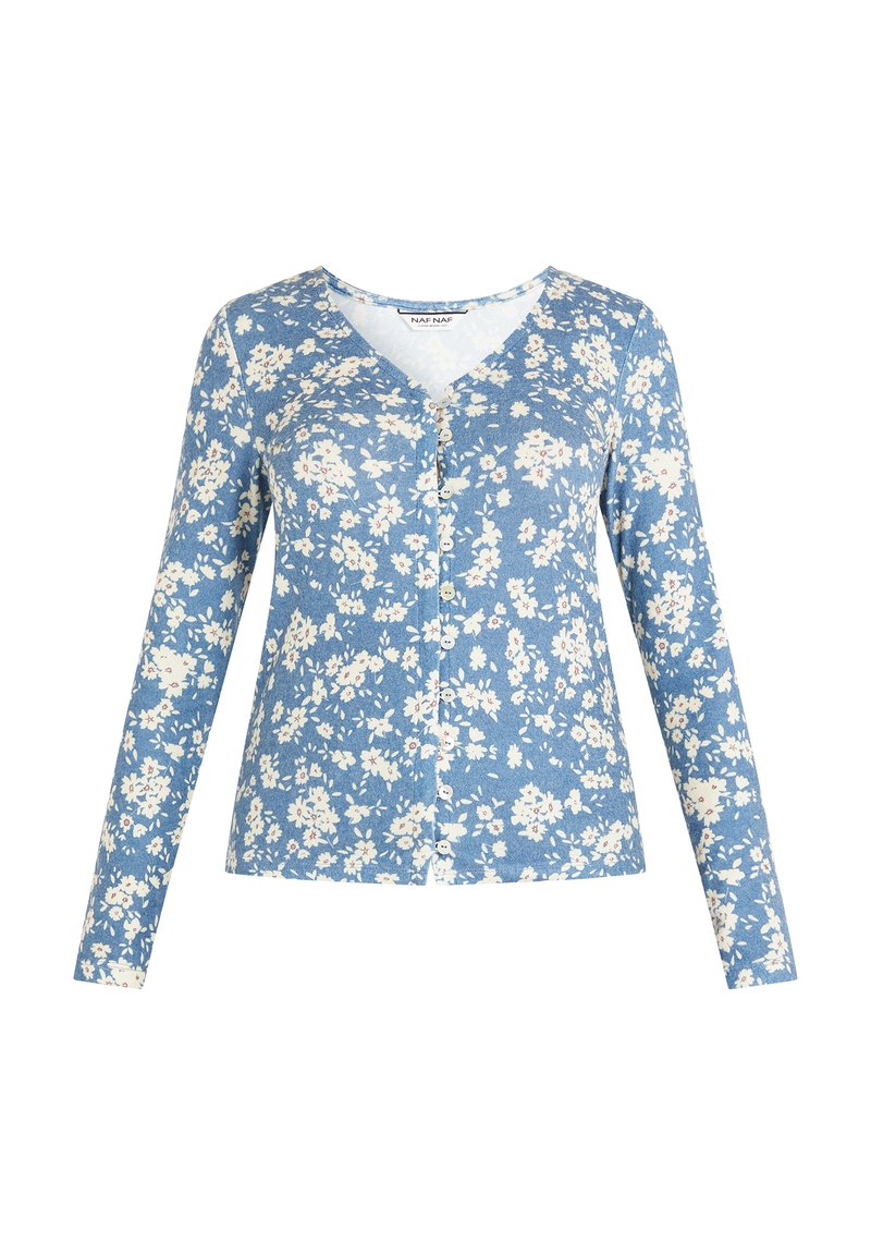 Cardigan bleu à manches longues, boutonné, avec un motif floral blanc et un col en V.