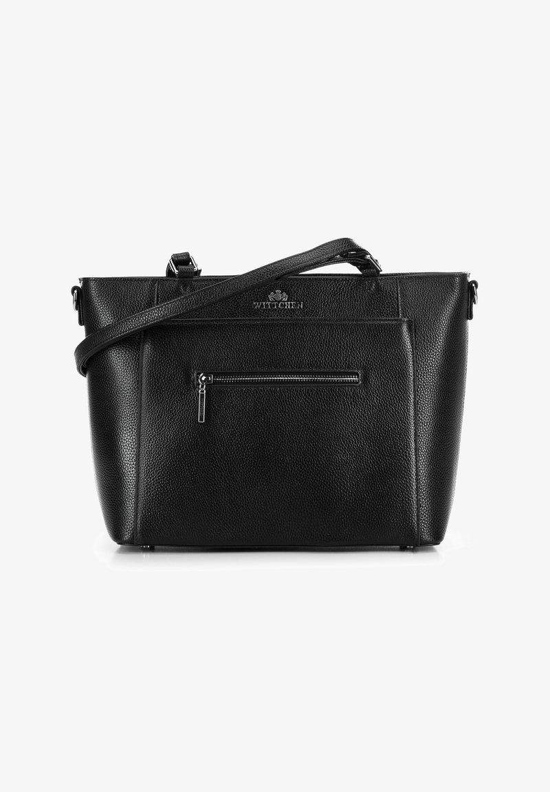 Borsa a tracolla nera in pelle con superficie texture, dotata di tasca anteriore con zip, lunga tracolla regolabile e dettaglio del logo nella parte superiore.