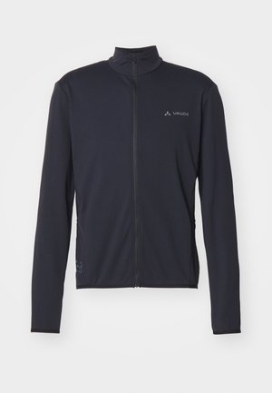 Must musta jakki, mis on valmistatud pehmest kangast, kõrge krae, pikad varrukad ja kontrastne logo vasakul rinnal.