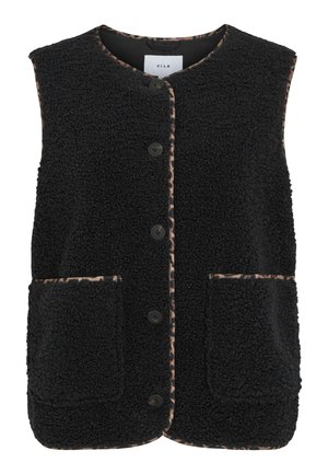Zwarte fleecevest met een ronde hals, knopen aan de voorkant en twee opgestikte zakken. Voorzien van een luipaardprintafwerking langs de randen.