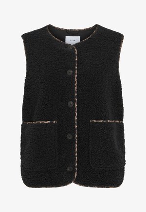 Zwarte fleecevest met een ronde hals, knopen aan de voorkant en twee opgestikte zakken. Voorzien van een luipaardprintafwerking langs de randen.