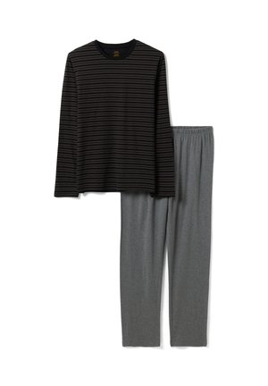 Long-sleeve black top with thin light stripes paired with plain gray elastic-waist pants laid flat on white background.