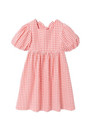 Rosa-weiß kariertes Kleid mit Puffärmeln, geraffter Taille und einer kleinen Schleife am Rückenansatz des Halsausschnitts.