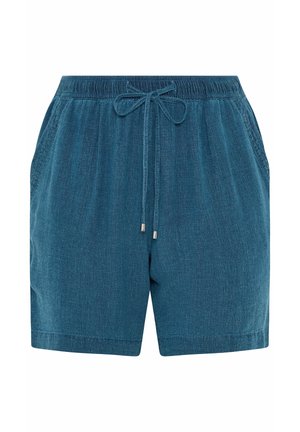 Niebieskie szorty z froty z elastycznym pasem, sznurkiem do wiązania i bocznymi kieszeniami, zaprojektowane do noszenia na co dzień.