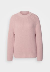 Pull en maille rose clair à manches longues avec un col ras du cou côtelé, présenté sur un fond blanc uni.