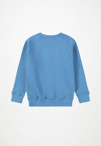 Sudadera de cuello redondo azul con mangas largas, puños acanalados y dobladillo, mostrada plana desde la parte trasera sobre un fondo blanco.