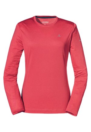 Langärmeliges rotes Sportshirt mit Rundhalsausschnitt, einem kleinen Logo auf der linken Brust und einem weiteren auf dem linken Ärmel.