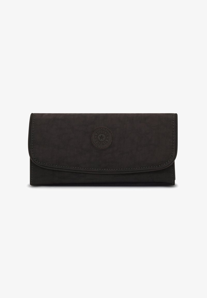 Portefeuille en tissu noir avec une finition texturée, mettant en avant un accent logo circulaire et des bords cousus, fermé par un rabat.