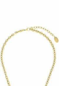 Collar de cadena de metal dorado con eslabones ovalados, que presenta un broche y una cadena de extensión ajustable con una pequeña etiqueta ovalada.