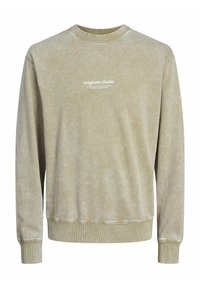 Sudadera de cuello redondo en color beige claro con un aspecto texturizado y desgastado. Cuenta con puños y dobladillo acanalados. Texto del logo en blanco centrado. Tejido suave.