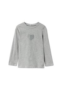 Graues Langarmshirt aus weichem Stoff mit einem glitzernden Strassherzdesign in der Mitte. Rundhalsausschnitt und einfache Form.