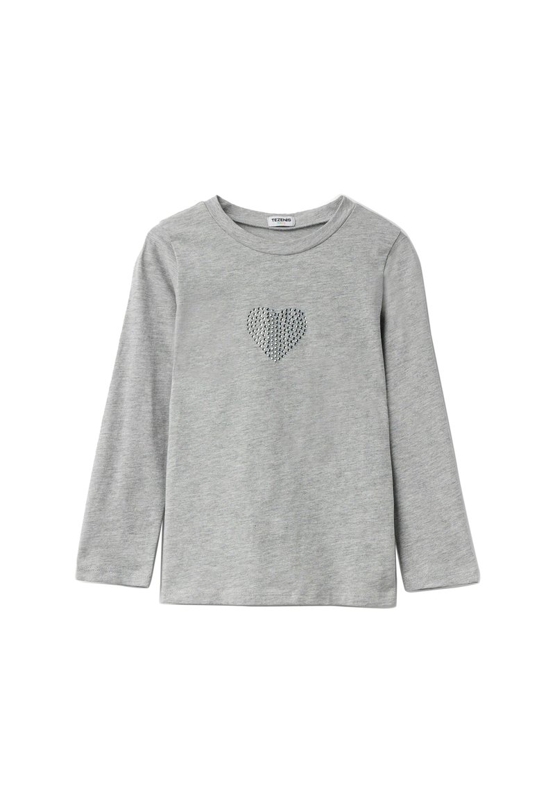 Graues Langarmshirt aus weichem Stoff mit einem glitzernden Strassherzdesign in der Mitte. Rundhalsausschnitt und einfache Form.
