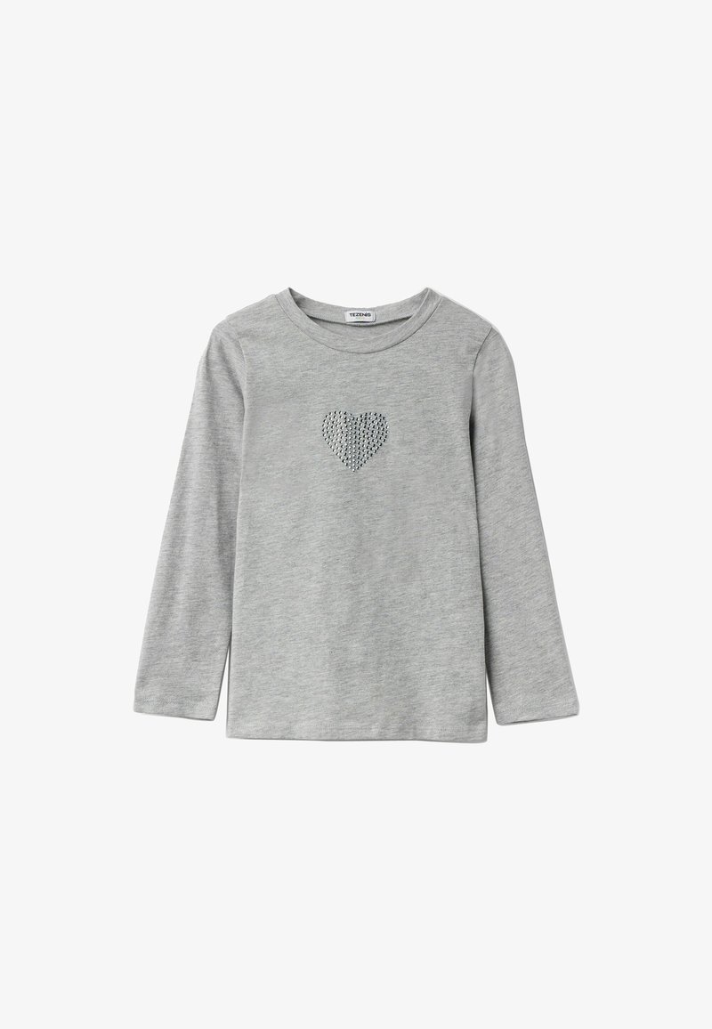 Graues Langarmshirt aus weichem Stoff mit einem glitzernden Strassherzdesign in der Mitte. Rundhalsausschnitt und einfache Form.