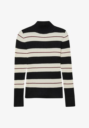 Zwart- en crèmekleurige turtleneck trui met geribbelde textuur en slim fit, voorzien van smalle bordeauxrode strepen langs de bredere banden.