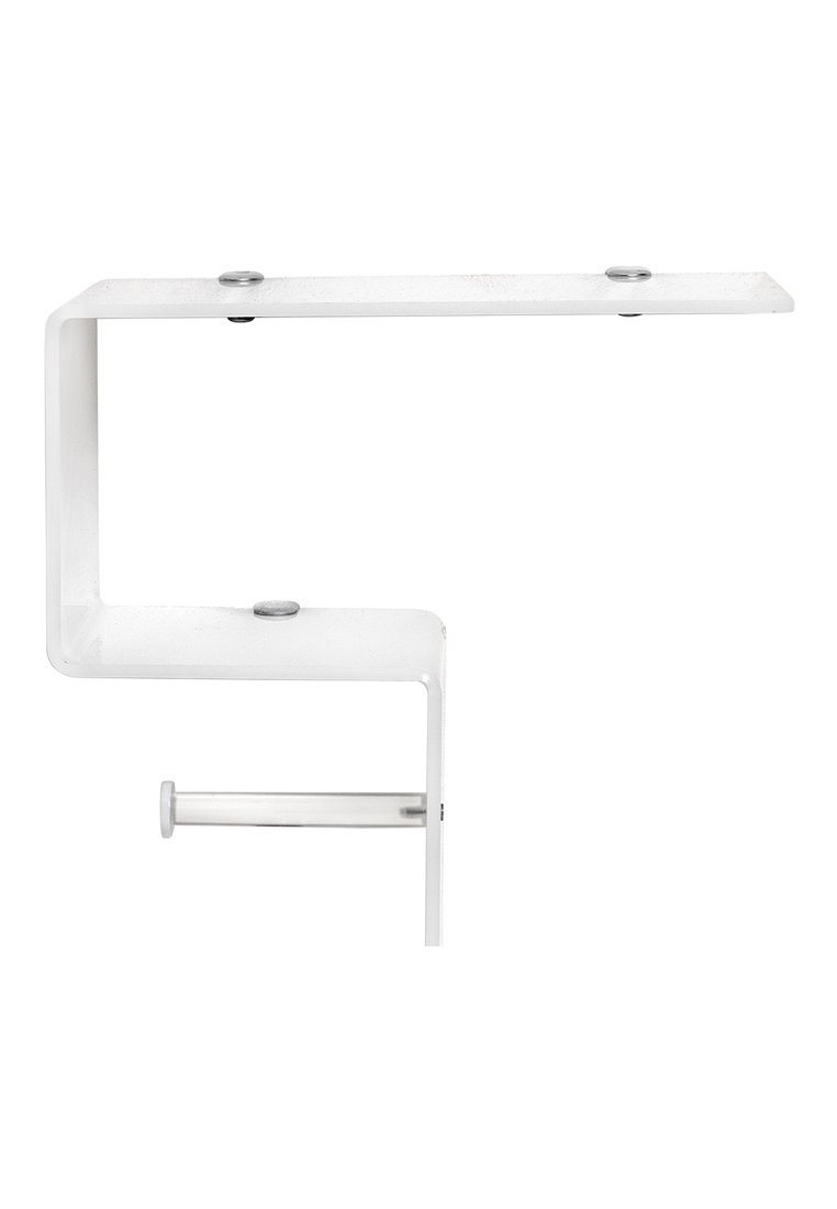 Support de tablette en métal blanc présentant un design minimaliste avec un dessus plat et un support vertical, fixé par du matériel argenté.