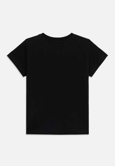 Μαύρο t-shirt με κοντά μανίκια και στρογγυλή λαιμόκοψη, απλωμένο επίπεδα, με την πίσω όψη να φαίνεται σε απλό λευκό φόντο.