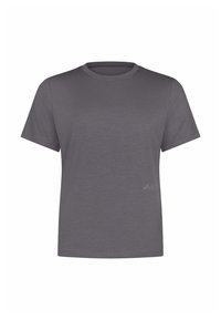 T-shirt corto a maniche corte di colore grigio scuro realizzato in tessuto leggero. Presenta un colletto tondo e un piccolo dettaglio con logo sul lato inferiore.
