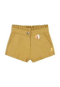 Pantalones cortos de algodón amarillos con una cinturilla con volantes, bolsillos frontales y cintas decorativas en los lados. Cuenta con un cierre de botón.