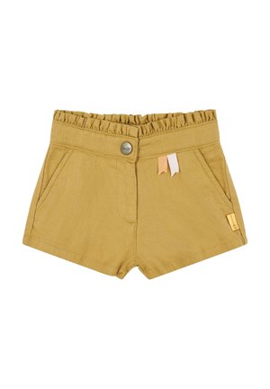 Pantalones cortos de algodón amarillos con una cinturilla con volantes, bolsillos frontales y cintas decorativas en los lados. Cuenta con un cierre de botón.