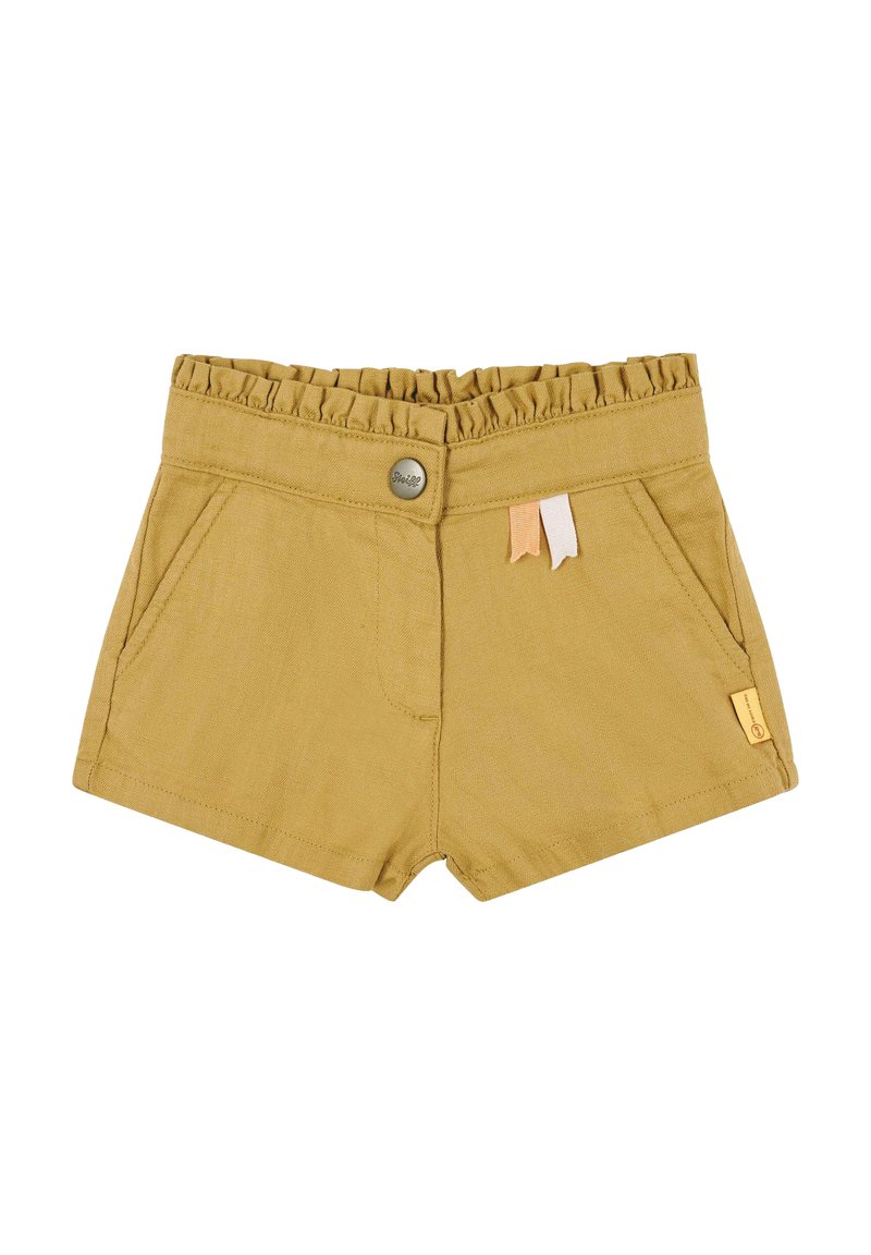 Pantalones cortos de algodón amarillos con una cinturilla con volantes, bolsillos frontales y cintas decorativas en los lados. Cuenta con un cierre de botón.