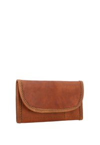 Brown leather wallet with a fold-over flap, contrasting stitching, and a smooth texture. Compact rectangular shape.