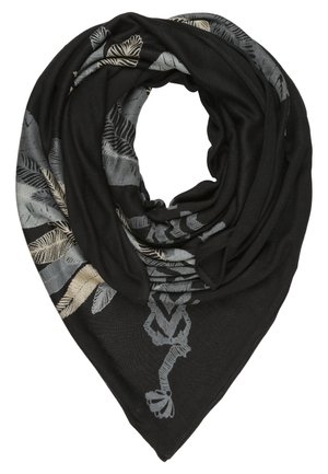 Zwarte driehoekige sjaal met grijze en beige bladpatronen en geometrische ontwerpen, gevouwen in een cirkelvorm.