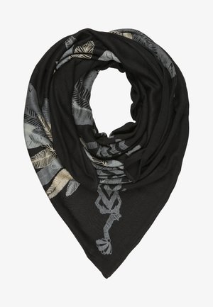 Écharpe triangulaire noire avec des motifs de feuilles gris et beige ainsi que des dessins géométriques, pliée en forme circulaire.