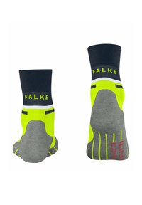 Calzini sportivi in giallo neon e grigio con una cuffia a coste color navy. Presentano punta e tallone rinforzati, logo FALKE e un motivo di presa specializzato.