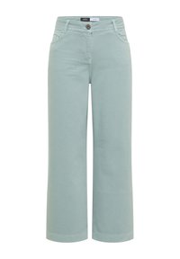 Pantalon large vert clair avec bouton sur le devant, fermeture éclair, passants pour ceinture et poches devant, présenté sur fond blanc.