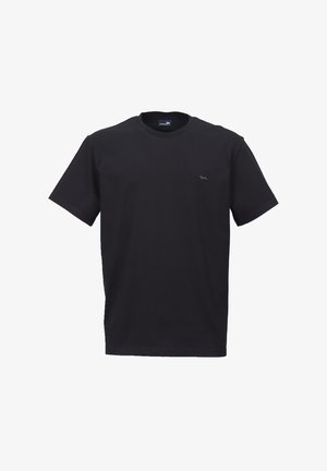 Sort bomuldscrew neck T-shirt med korte ærmer; har lille logo på venstre bryst; glat tekstur, standard pasform.