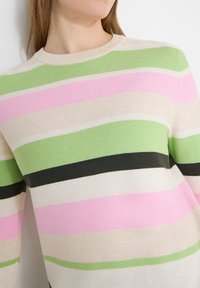 Femme portant un pull col rond à rayures horizontales vertes, roses, beige, noires et blanches, vue du cou jusqu'au milieu du torse.