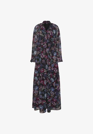 Robe longue en tissu noir transparent avec des motifs paisley et de feuilles multicolores, caractérisée par un décolleté en V et de longues manches légèrement évasées.