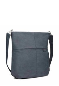 Borsa a tracolla in pelle grigio scuro con una texture liscia, dotata di chiusura con zip, tracolla regolabile e un delicato accento del logo.