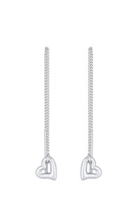 Pendientes de cadena de plata con dos formas de corazón superpuestas en el extremo, acabado pulido, diseño ligero y forma alargada.