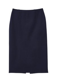 Marineblauer knielanger Bleistiftrock mit hoher Taille und kleinem Schlitz hinten, auf einem weißen Hintergrund präsentiert.