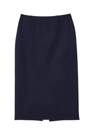 Jupe crayon bleu marine arrivant au genou, avec une taille haute et une petite fente à l'arrière, présentée sur un fond blanc.