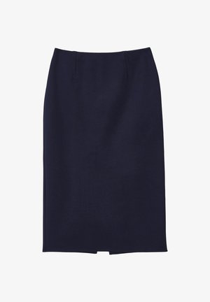 Jupe crayon bleu marine arrivant au genou, avec une taille haute et une petite fente à l'arrière, présentée sur un fond blanc.