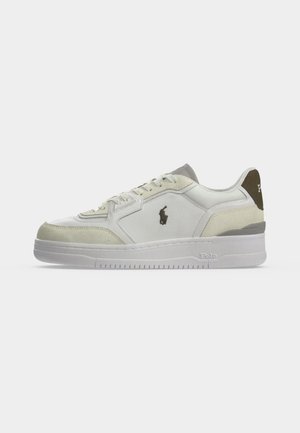 White and beige low-top sneaker with laces, gray accents, and Polo logo on the side and heel, shown in profile on a white background.