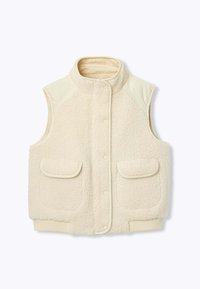 Gilet en polaire de couleur crème avec un col haut, fermeture à pression et deux poches avant. Présente une surface douce et texturée ainsi qu'un ourlet côtelé.