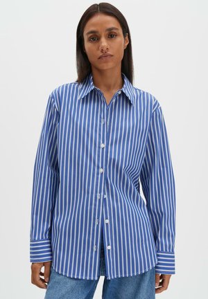 Camicia a righe blu e bianche con bottoni, maniche lunghe, collo classico e polsini con risvolto; realizzata in tessuto liscio e leggero.