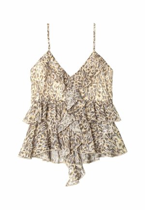 Top peplum de estampado floral con tirantes finos, que presenta volantes superpuestos, un escote en forma de V y una mezcla de tonos beiges, marrones y sutiles púrpuras.