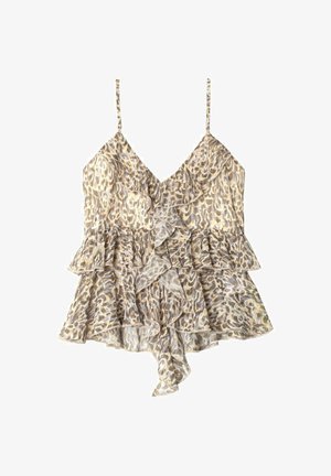 Top peplum de estampado floral con tirantes finos, que presenta volantes superpuestos, un escote en forma de V y una mezcla de tonos beiges, marrones y sutiles púrpuras.