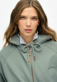 Sweat-shirt vert clair avec un cordon de serrage ajustable, des accessoires en métal doré et un logo brodé. Superposé sur une chemise à col rayée.