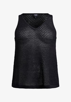 Juodas tinklinis marškinėliai su V formos iškirpte, pasižymintys laisvu kirpimu ir deimanto rašto tekstūra. Apdailinti tvirtu juodu apvadu.