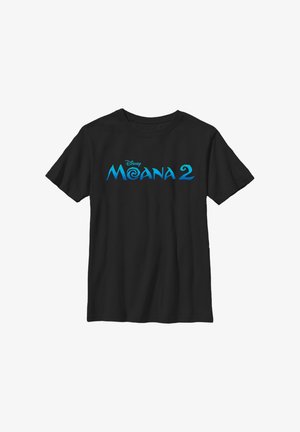 Zwart T-shirt met korte mouwen met blauw "Disney Moana 2" logo gedrukt op het midden van de voorkant.