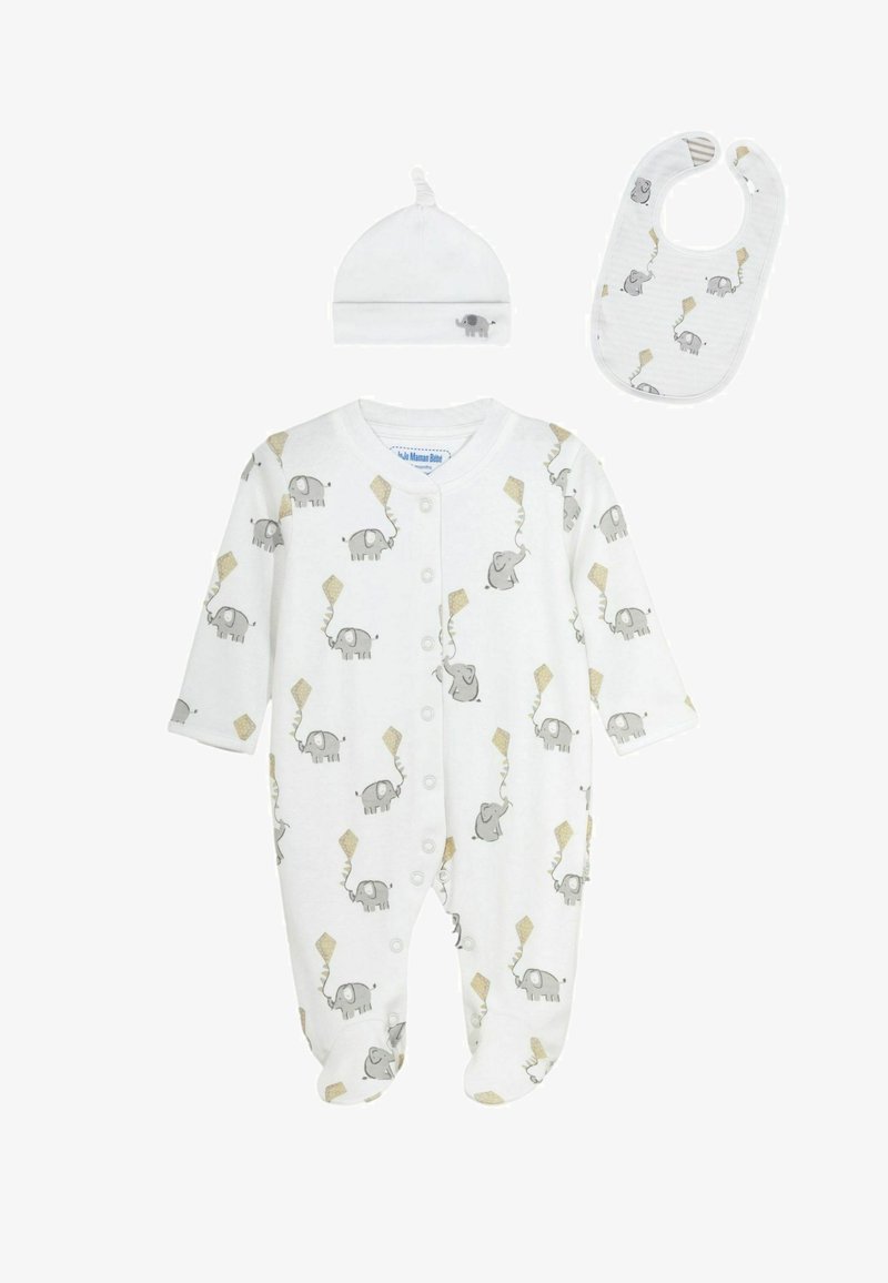 Bäddset för baby i bomull med en vit bodysuit med grå elefanttryck, matchande mössa med toppknut och en randig haklapp.