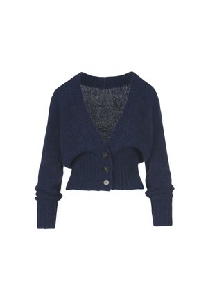Cardigan court marine en tricot texturé avec un décolleté en V profond, des poignets côtelés et trois boutons noirs sur le devant.
