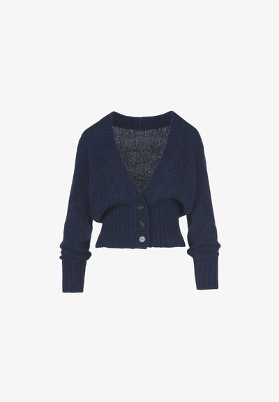 Námořnický krátký kardigan z texturovaného úpletu s hlubokým V výstřihem, žebrovanými manžetami a třemi černými knoflíky vpředu.